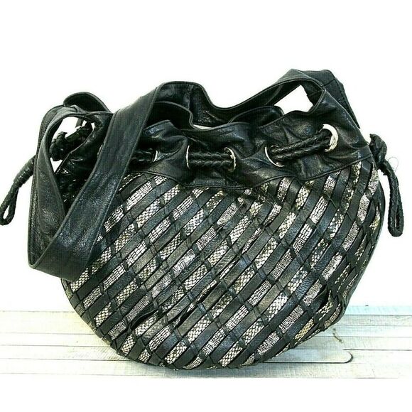 Elliott Lucca BLACK GOLD WOVEN GENUINE LEATHER DRAWSTRING SHOULDER BAG PURSE - Picture 1 of 11